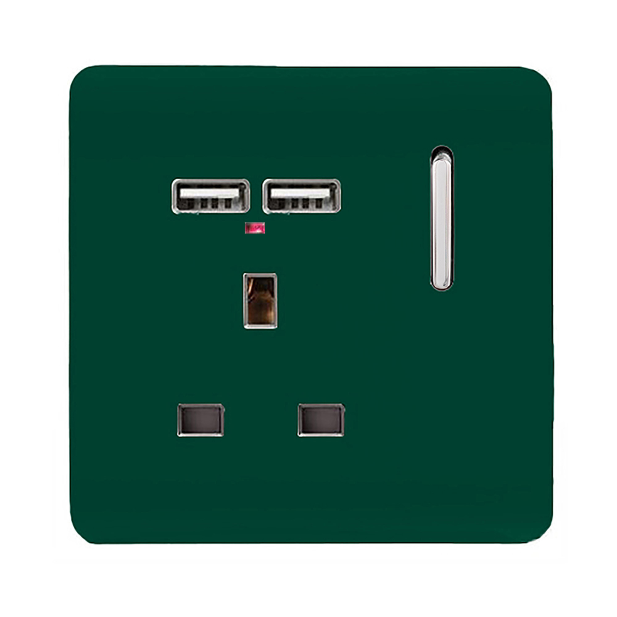 1 Gang Switched Single Socket 13A With 2 x USB-A 10W (Shared) With Neon Insert Dark Green ART-SKT13USBDG  Trendi Dark Green